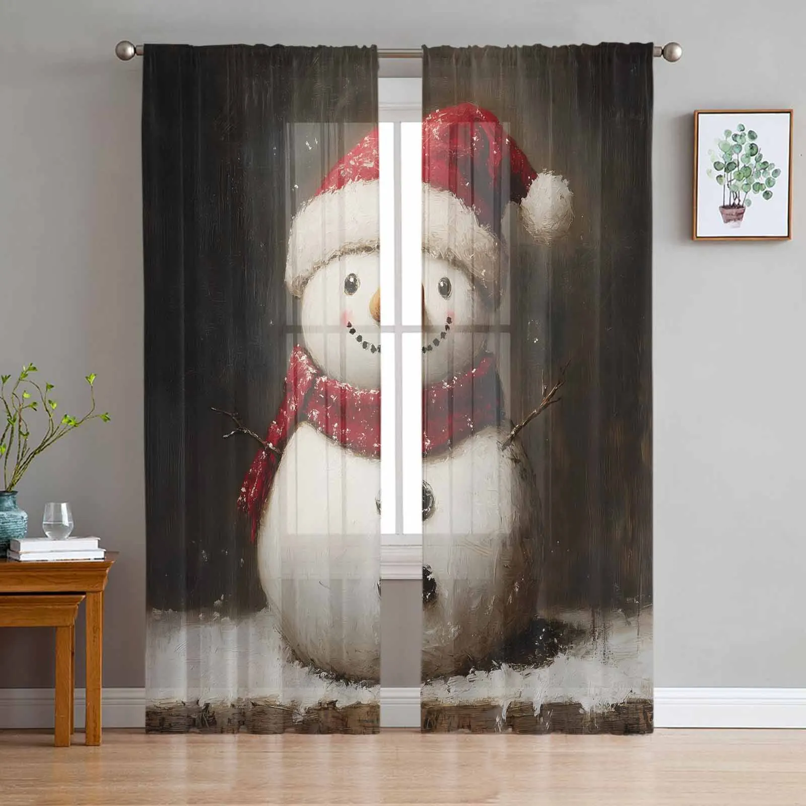 

Christmas Winter Snowman Red Curtains Decorations For Home Window Tulle Curtains For Living Room Bedroom