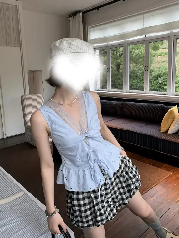 

Кружевной ажурный топ с v-образным вырезом и рюшами, женский летний новый клетчатый утягивающий топ с высокой талией, комплект из двух предметов, модный