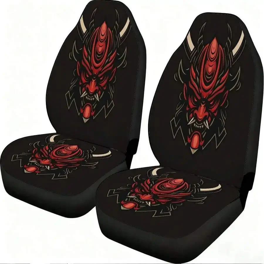 2-Piece Red Oni Mask Car Seat Cover Set For Front Seats Polyester Material Compatible With Sedans SUVs Trucks
