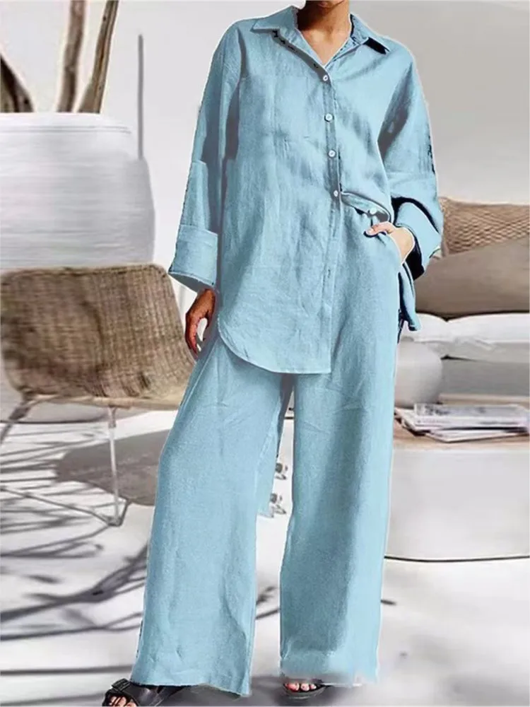 Fashion Cotton Linen Loose Long Sleeved Shirt Women Suit Spring Autumn New Casual Pocket Straight Pants Office 2piece Set Female