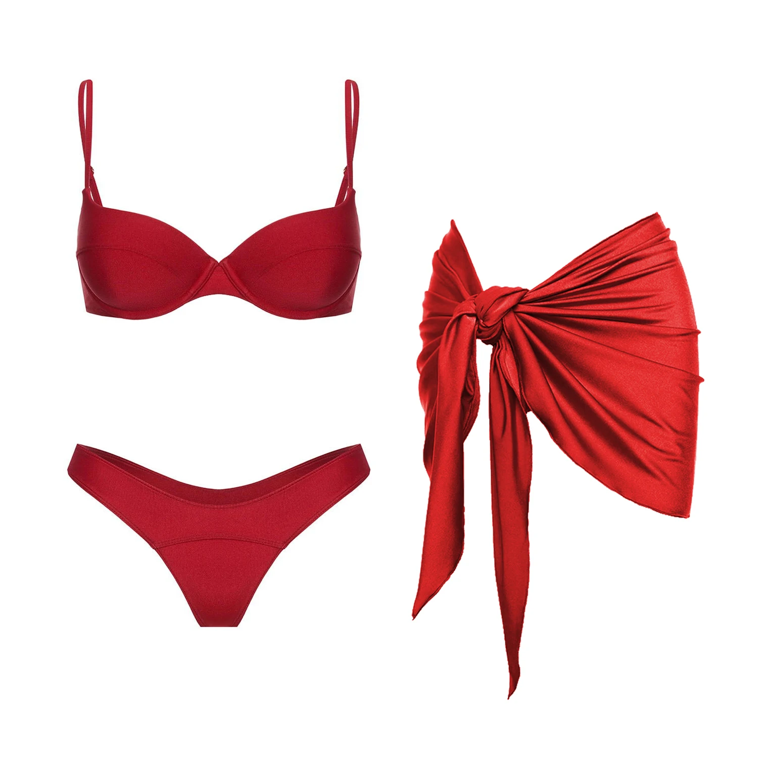 

Новинка, 3 шт., бикини с эффектом пуш-ап и саронг, женский бандо, бикини, сексуальный купальник, женский однотонный красный купальник, микро-купальный костюм, пляжная одежда