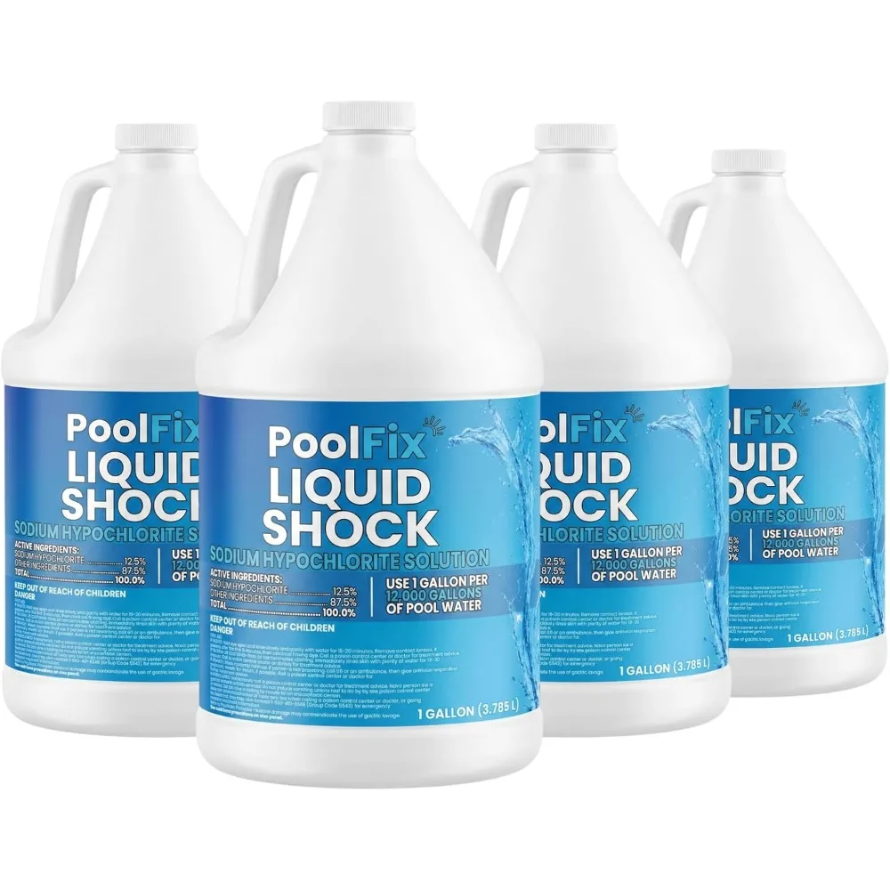 Liquid Pool Shock 12.5%  Commercial Grade Sodium Hypochlorite Chlorine Sanitizer Fast-Acting Ready to Use, Non-Staining (4-Pack)