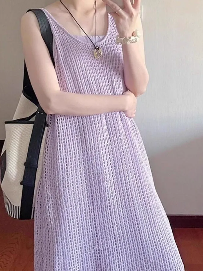 Conjunto de Vestido Longo de Malha Solto de Verão, Estilo Preguiçoso, Vestido com Alças em Camadas, Conjunto de Duas Peças pa...