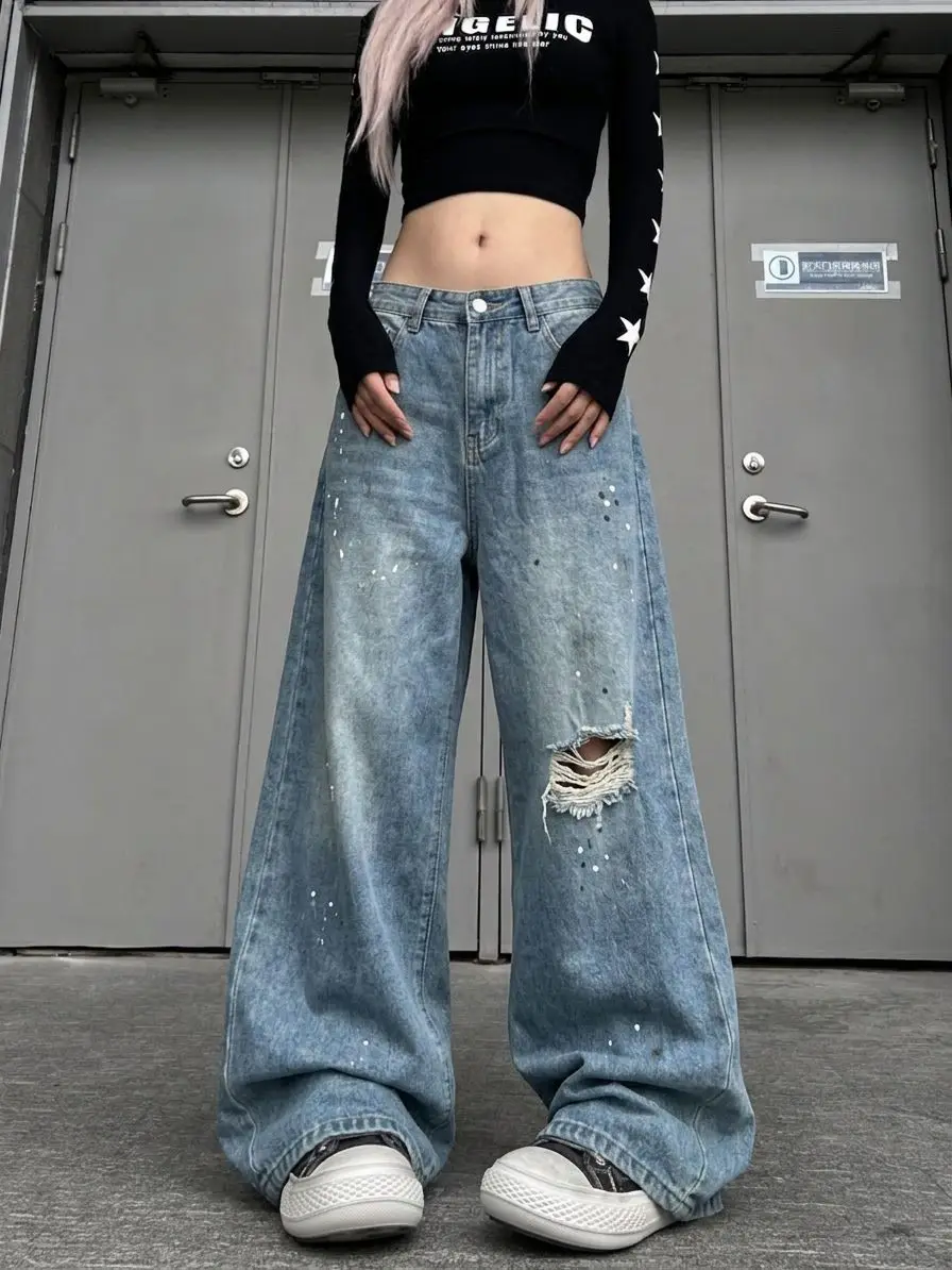 Women's Splashed Ink Ripped Blue Jeans 90s Casual Wide Leg Denim Pants Cool Girl Bottoms Female High Waist Baggy Trousers