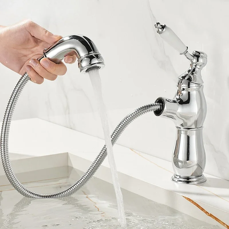 French vintage brass basin pull-out faucet bathroom Gold Mixer Tap  cabinet ceramic one-piece basin cold and hot splash-proof
