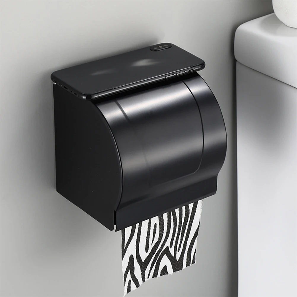 

Bathroom Tissue Holder Box Wall Mount Black Aviation Aluminum Anti-Rust Cover Smooth Edges Out Tissue Dispenser