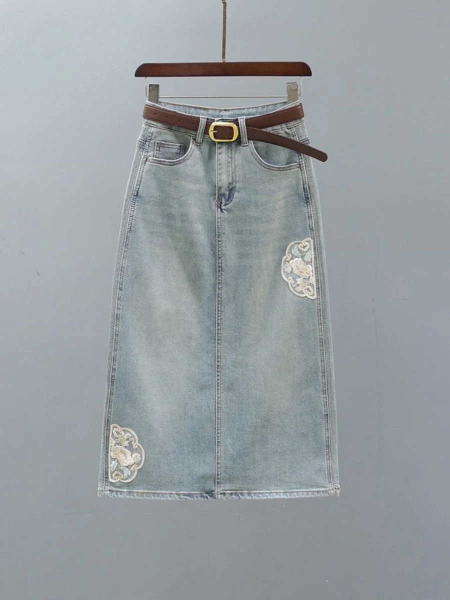 

High Waist Midi Denim Skirt Women's Retro Sle Casual A-Line Skirt Spring Summer New Arrival Floral Embroidery Waed