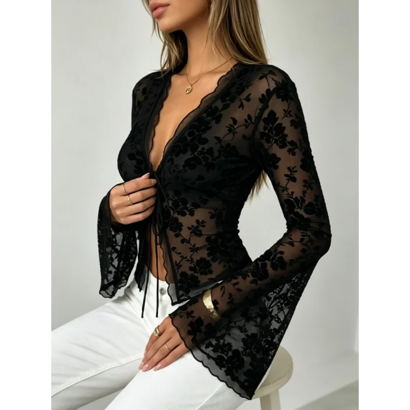 Coquette Black Flocked Floral Sheer Mesh Blouse, Deep V‑Neck Long Tie‑Front Flare Long Sleeve Scalloped Edge Y2K Cropped Top