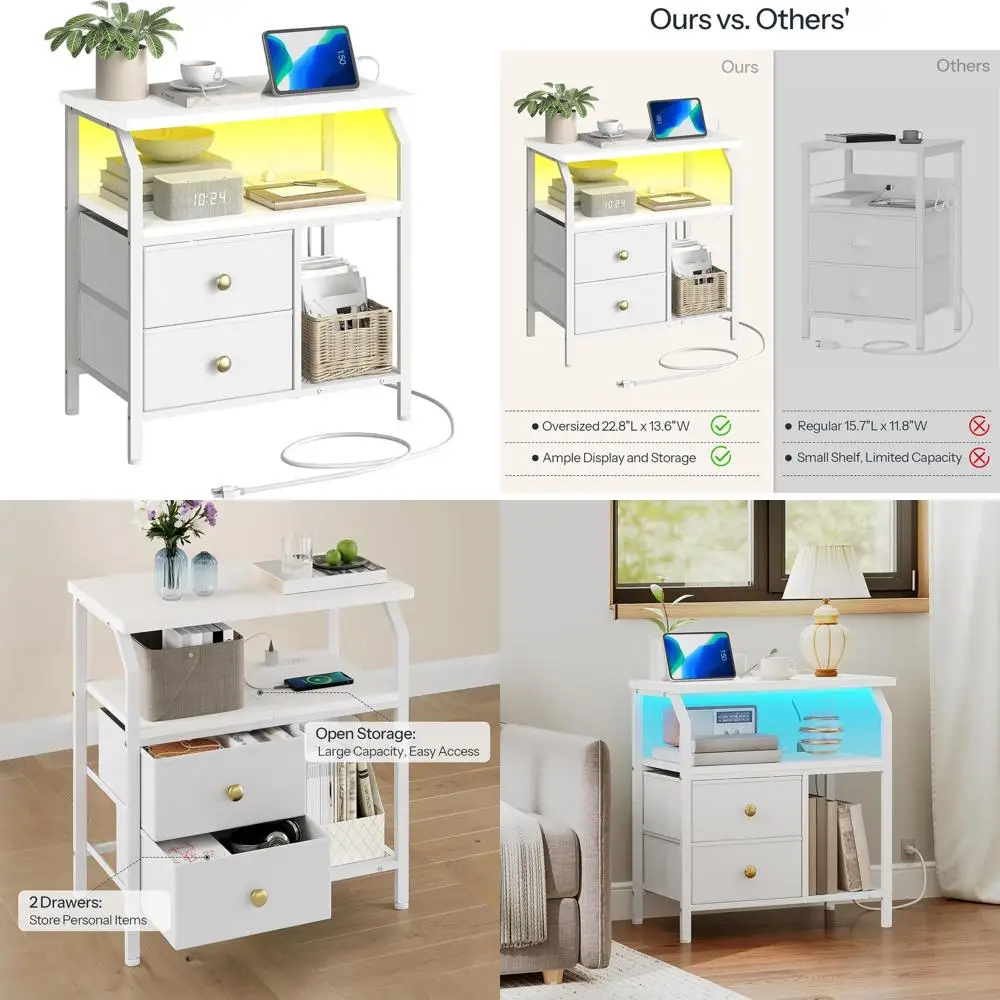 

23 Wide Nightstand with Charging, LED Light, Fabric Drawers, Open Shelf, Bedroom Side Table - White