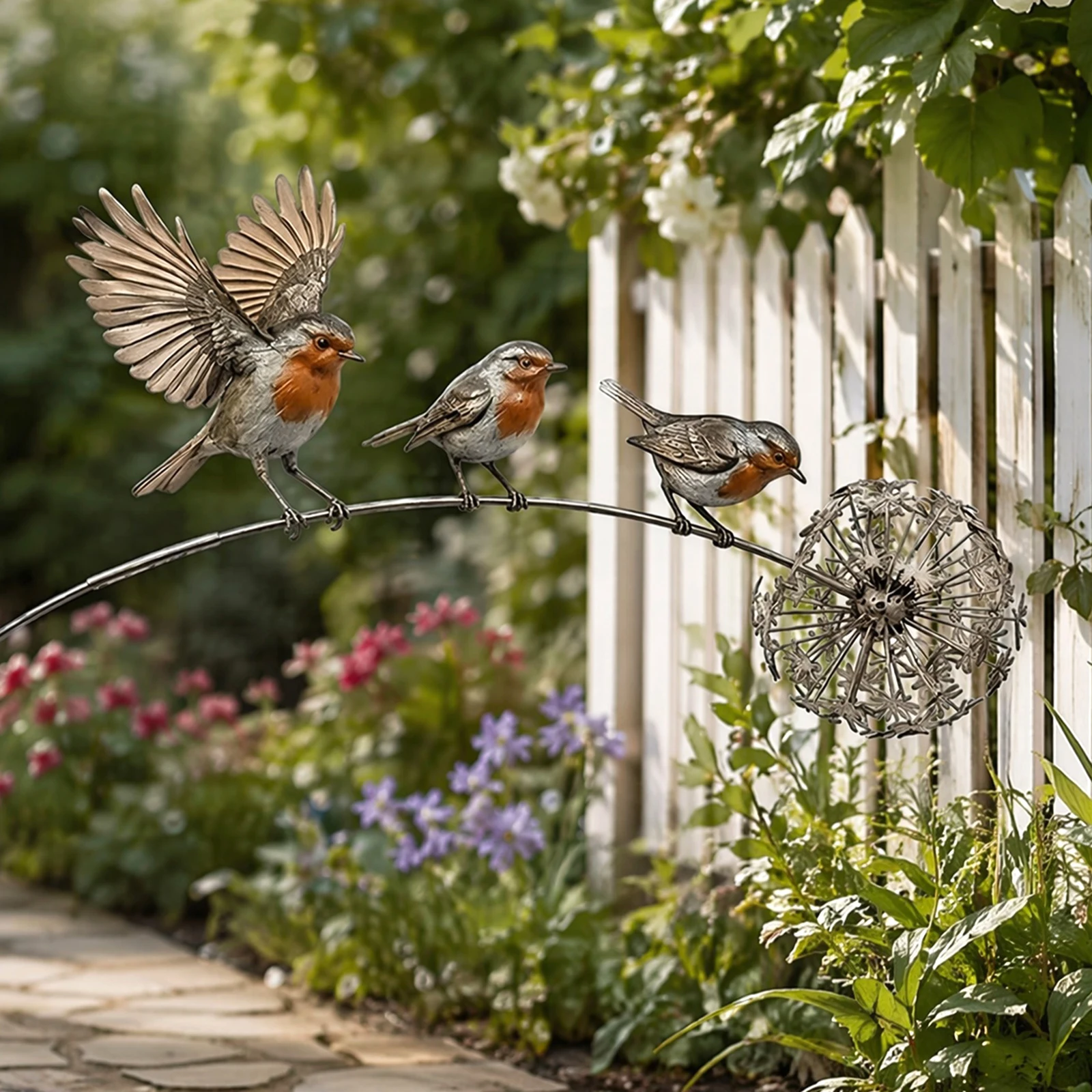 Robin Garden Stake with Dandelion Accent Outdoor Yard Art Stake Rustic Bird Yard Art Garden Ornament for Lawn Patio Flower Bed