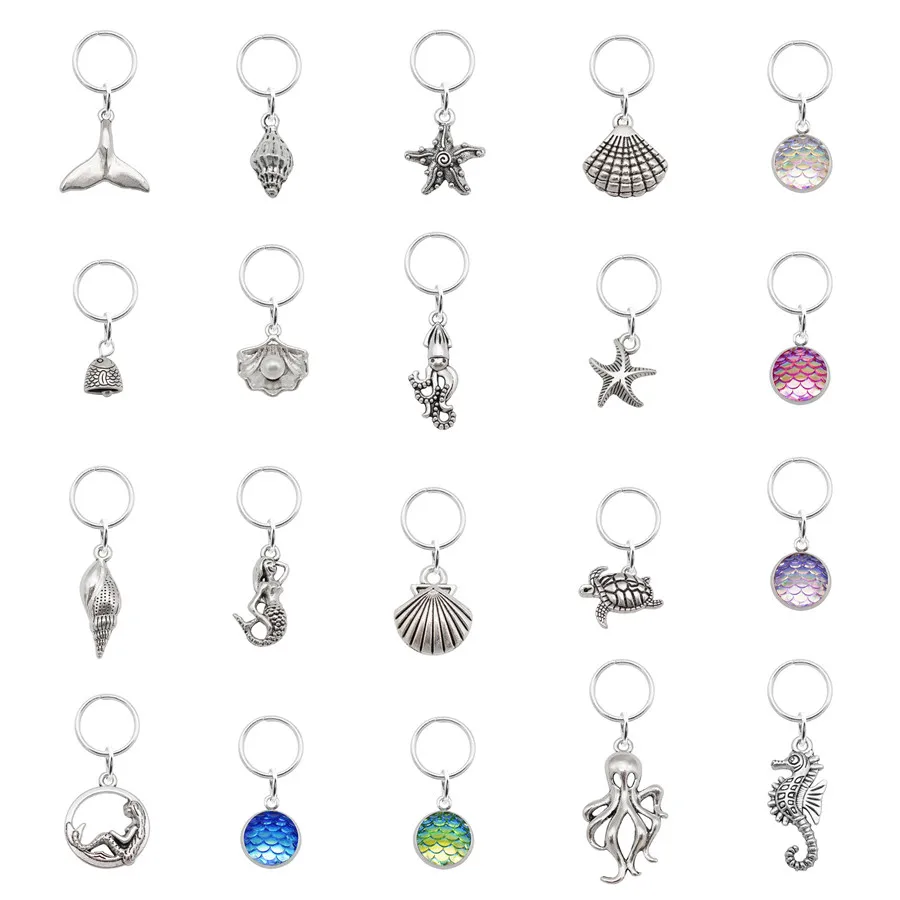 Julie Wang 20PCS Mix Alloy Marine Organism Charms With Jump Rings Pendant Dreadlocks Braid Jewelry Making Accessory Hair Decor