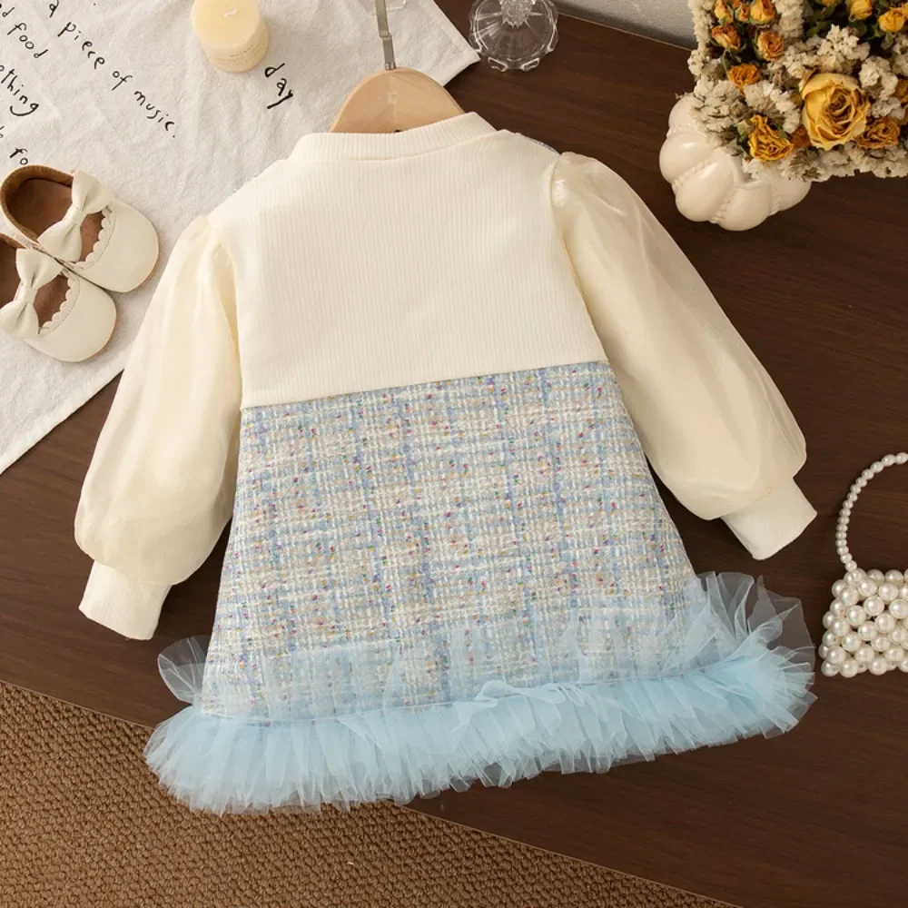 فساتين Bear Leader للفتيات الصغيرات للربيع والخريف، فساتين أميرات شبكية مزيفة من قطعتين مزينة بفيونكة