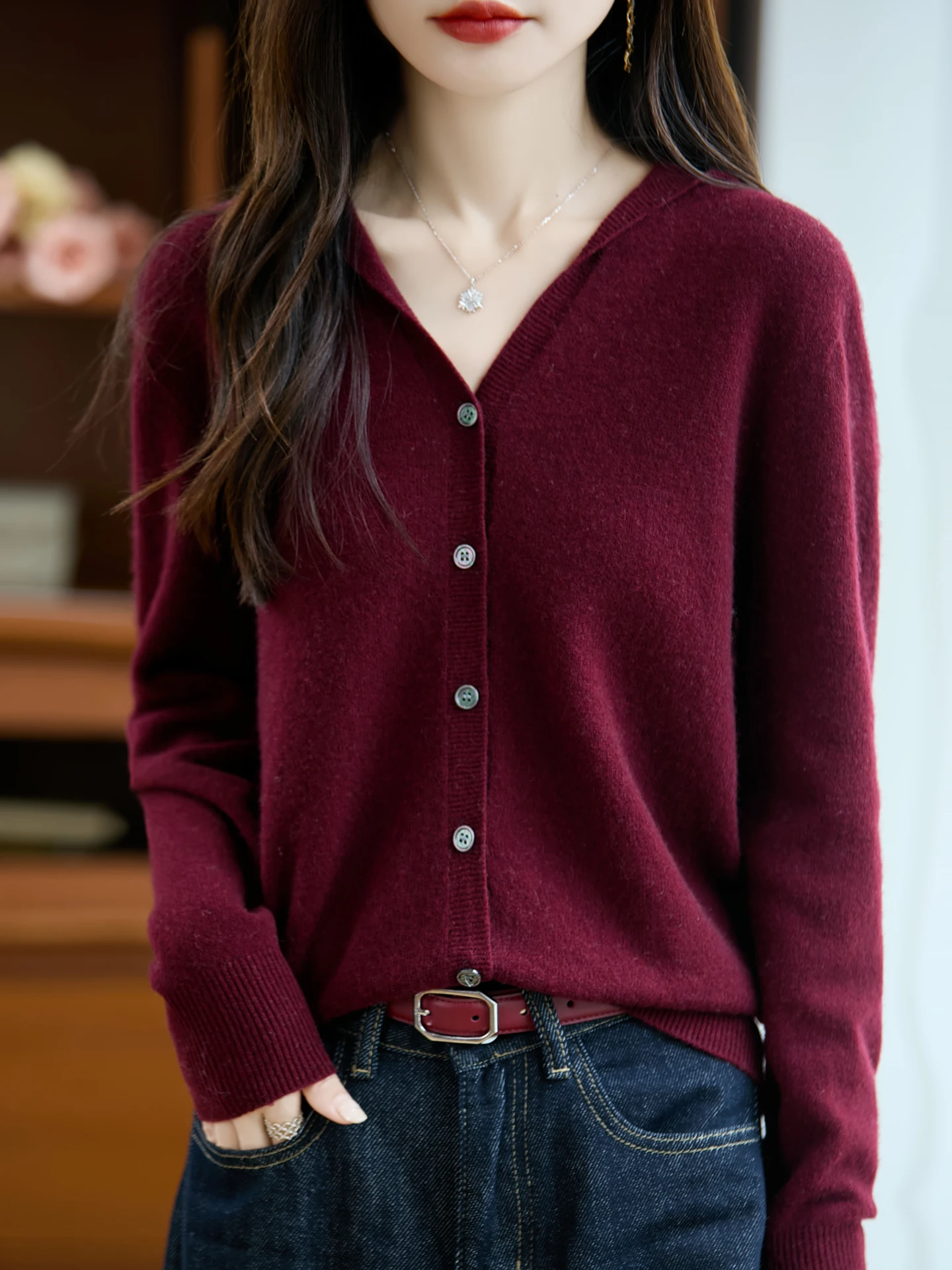 

Autumn Winter New 100% Pure Wool Cardigan Sweater Women's V-neck Hooded Loose Basic Long Sleeve Simple Versatile Coat With Hat