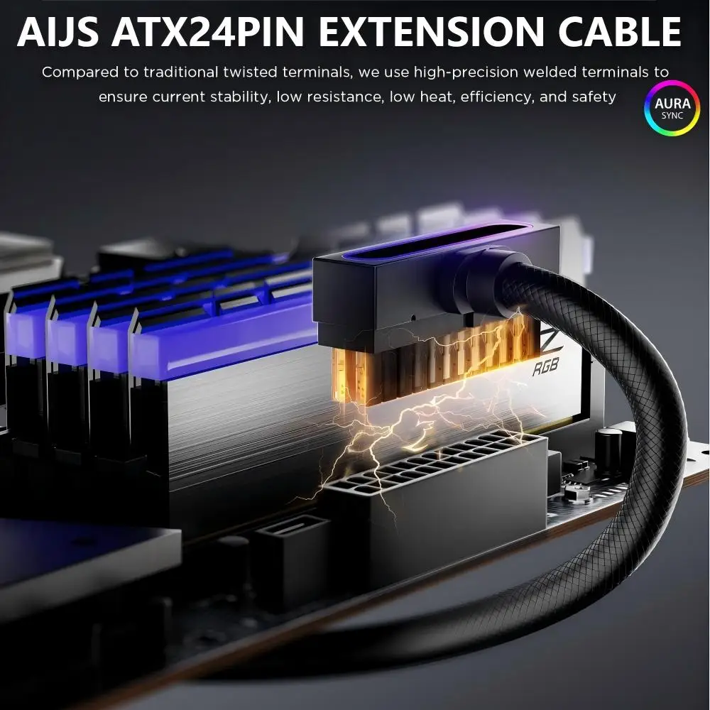 Удлинительный кабель для материнской платы AIJS ATX24Pin, 18AWG 90 °   Прямоугольная конструкция, кабель ARGB 5 В 3-контактный разъем «папа-мама»