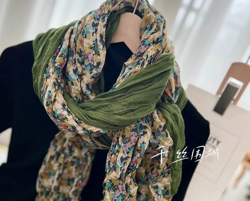 Spring and Autumn Thin Floral Scarf Women\'s New Vintage Japanese Cotton Hemp Texture Silk Summer Sunscreen Headscarf Beach