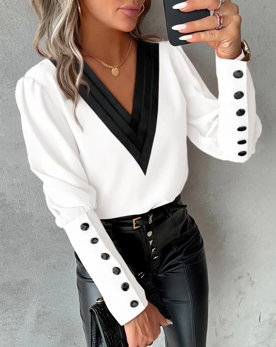 Office Ladies V-neck Button Shirt Blouse Spring Autumn Fashion Color Matching Long Sleeve Shirts For Women 2024 White Tops Femme