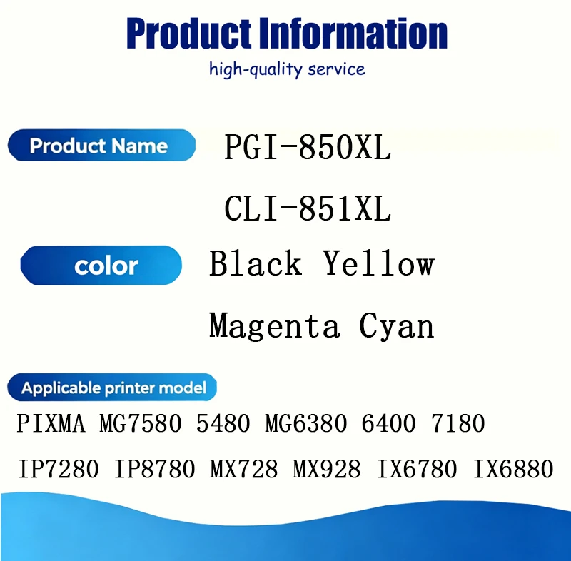 850XL 851XL PGI-850XL CLI-851XL Ink Cartridge Compatible For Canon PIXMA MG7580 MX728 MX928 IP7280 IP8780 IX6780 IX6880 Printers