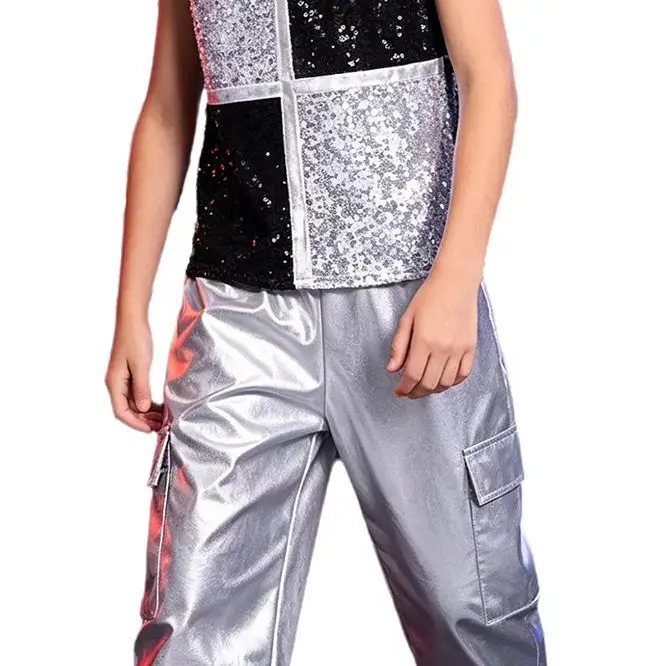 

Kids Boys 2Pcs Shiny Metallic Jazz Disco Dance Costume Mock Neck Sleeveless Back Invisible Zipper Sequins Top with Cargo Pants