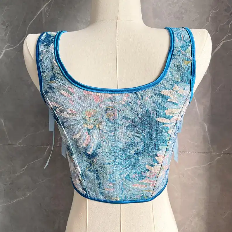 

Retro oil painting blue flowers fashionable all-match waist corset French court jacquard elegant exquisite corset