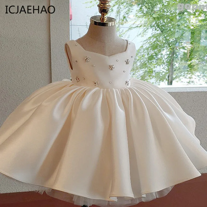 

ICJAEHAO 2024 Flower Girl Dress for Babys Girls Kids Beading Satin White Ball Gowns for Children Elegant dress for girls Costume