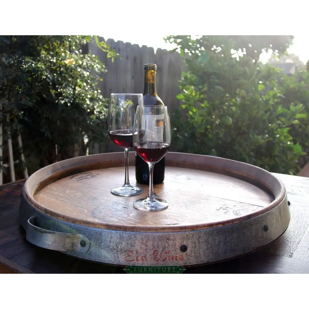 

Поднос-ленивая подставка Lazy Susan из переработанной винной бочки – Дубовый поднос со стальным ободом и ручками – Доска для закусок в деревенском стиле