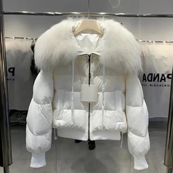 2023 New women Winter Puffer Jacket Thick Warm Short Parkas Real Natural Raccoon Fur Female Loose 90% White Duck Down Coat