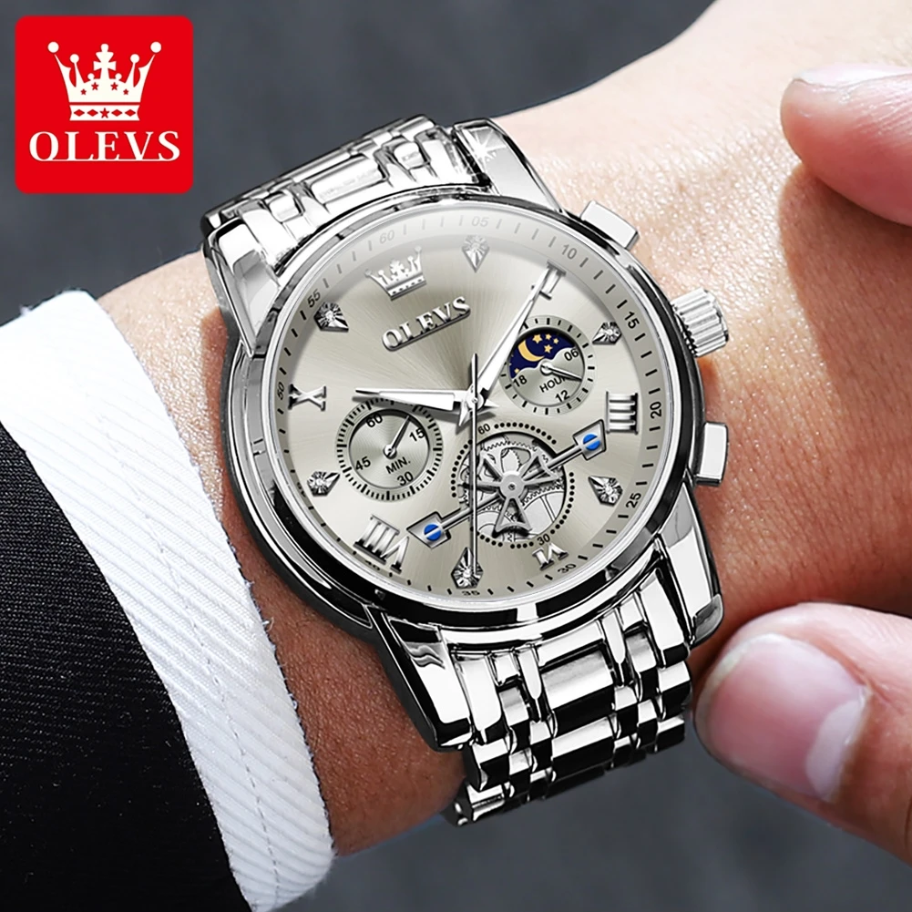 OLEVS TOP Men\'s Watches Luxury Flywheel Design Stainless Steel Waterproof Chronograph Moon Phase Quartz Wrist Watch for Men 2856