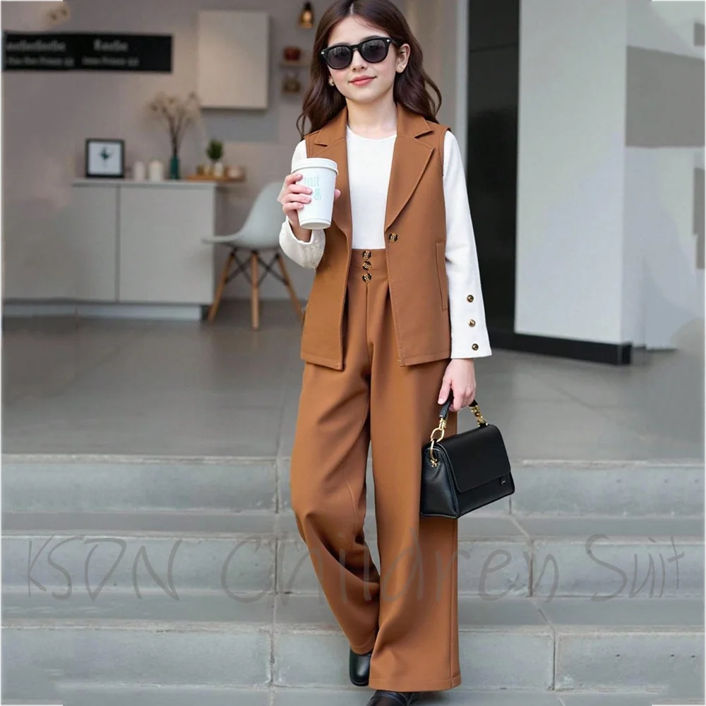 Customized Girl's Suit Solid Color Notch Lapel Sleeveless Jacket Pants High Quality Party Birthday Daily Children Clothing