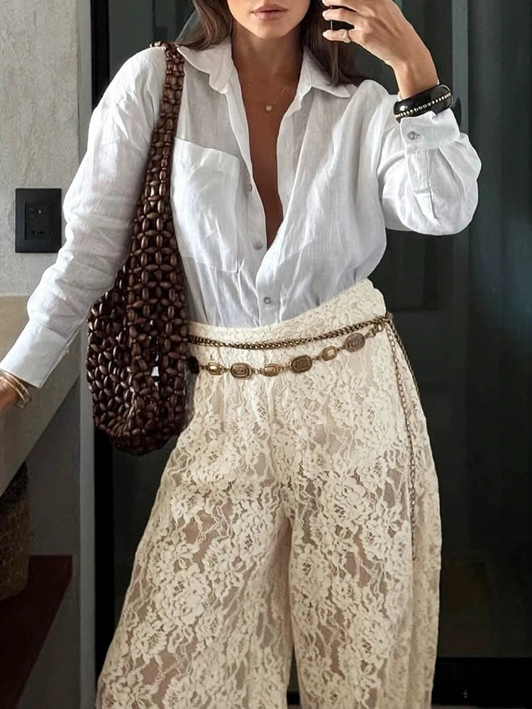 Spring Summer New See-through Commute Pants High Street Fashion Solid Color Lace Pants Casual Loose Women's Embroidery Trousers