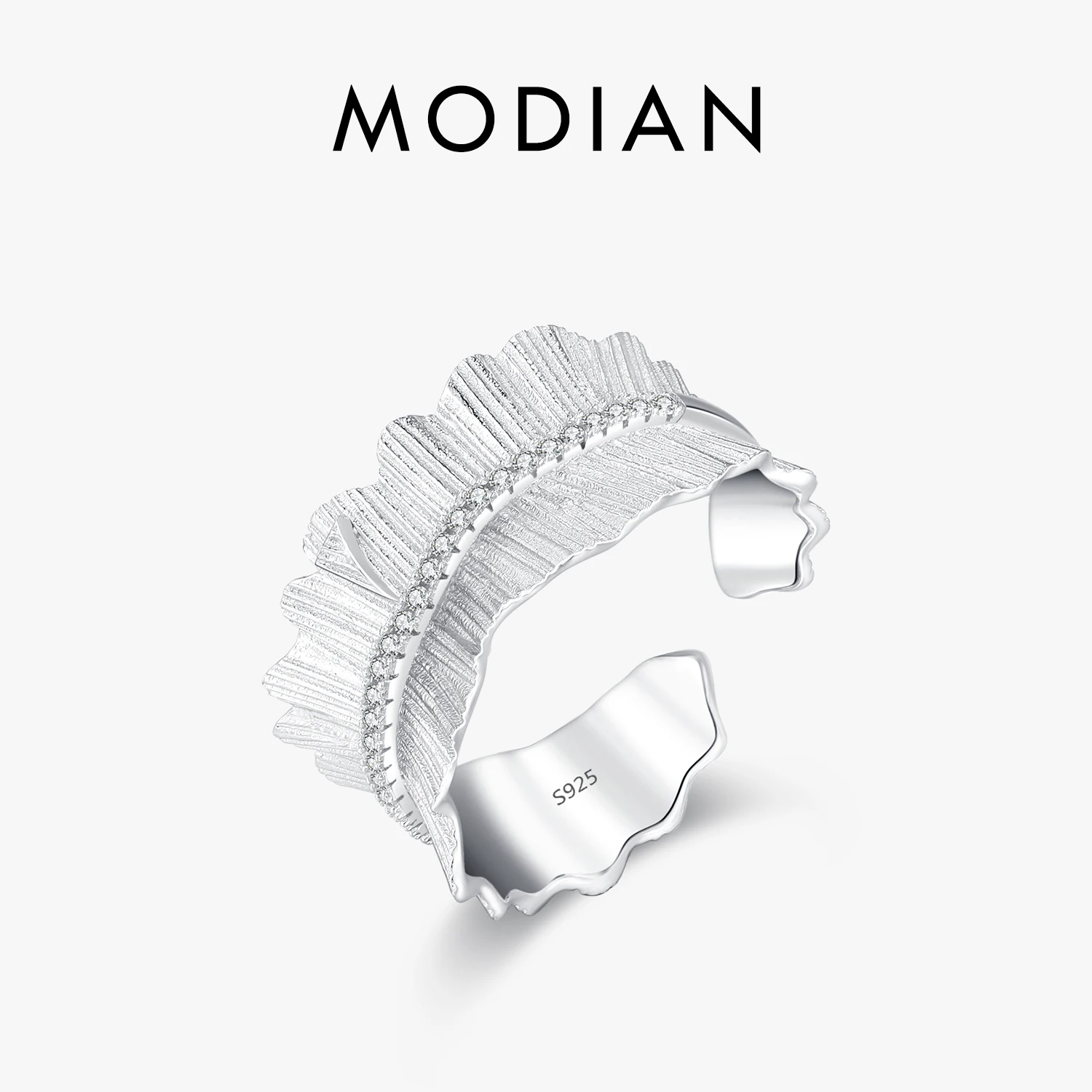 

MODIAN 925 Sterling Silver Irregular Texture Adjustable Finger Ring Thick Stackable Pave Setting Rings For Women Fine Jewelry