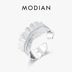 MODIAN 925 Sterling Silver Irregular Texture Adjustable Finger Ring Thick Stackable Pave Setting Rings For Women Fine Jewelry