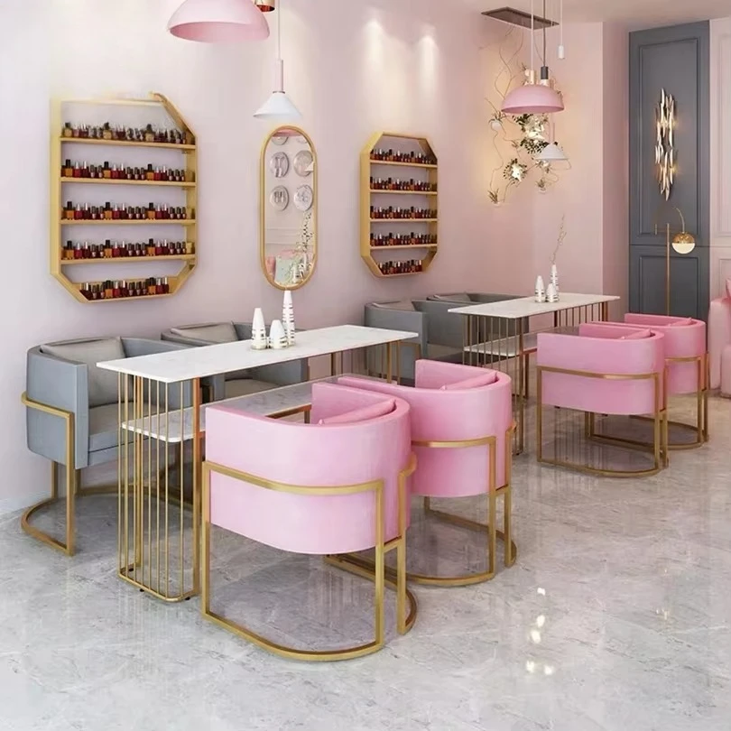 Nails Beauty Salon Desk European Cheap Gold Marble Metal Nail Manicure Table and Manicure Chair Set