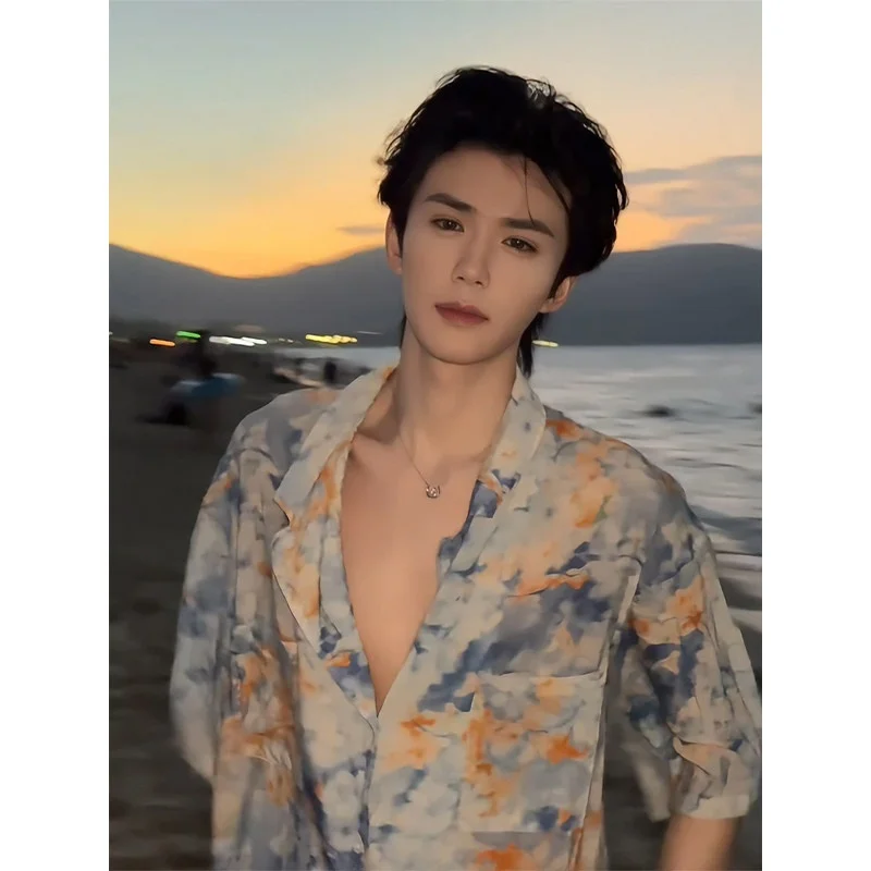 

Thai Sle Tie Dye Ice Silk ort Sve irt Beachwear Summer Vaion Couple's Light Jaet Loose Fit Youth Faion Polyes...