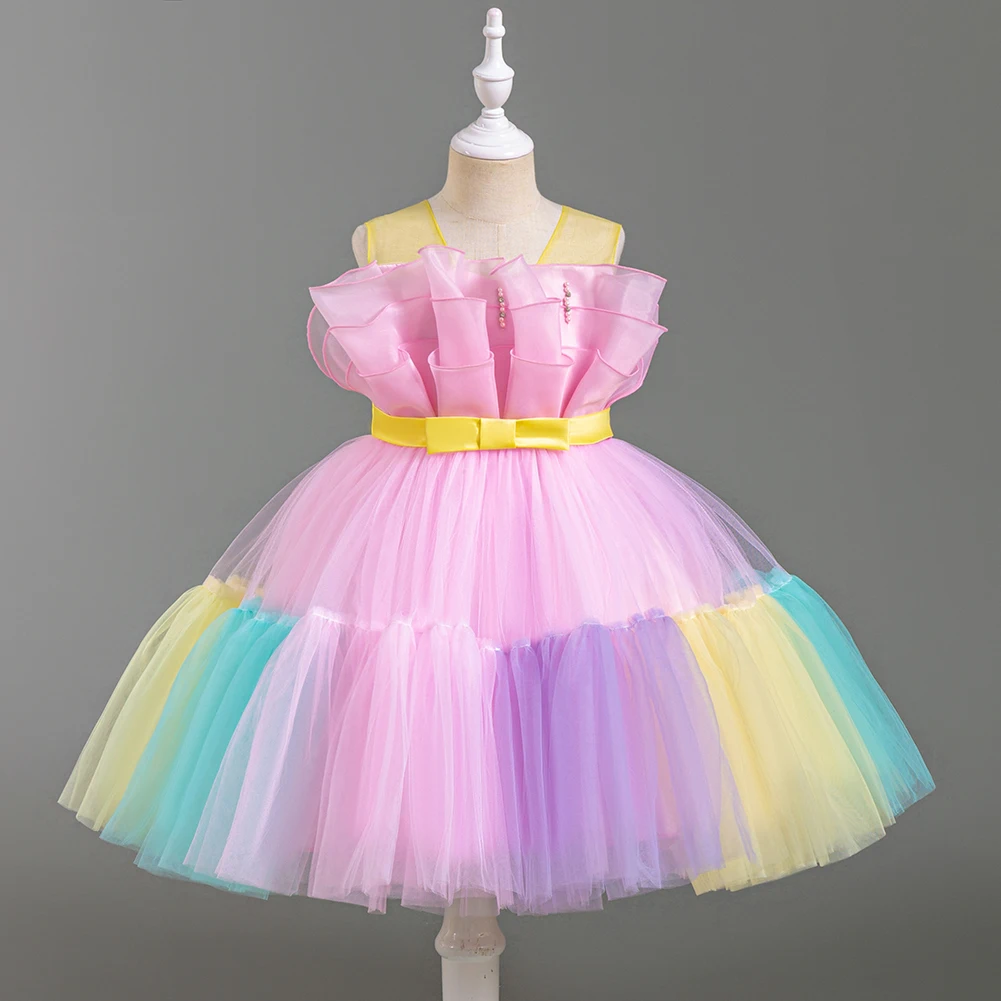 HETISO Color Block Girl Kid's Dress Rainbow Ruffle Mesh Princess Halloween Performance Costume for Party 2 to 8 10 Years