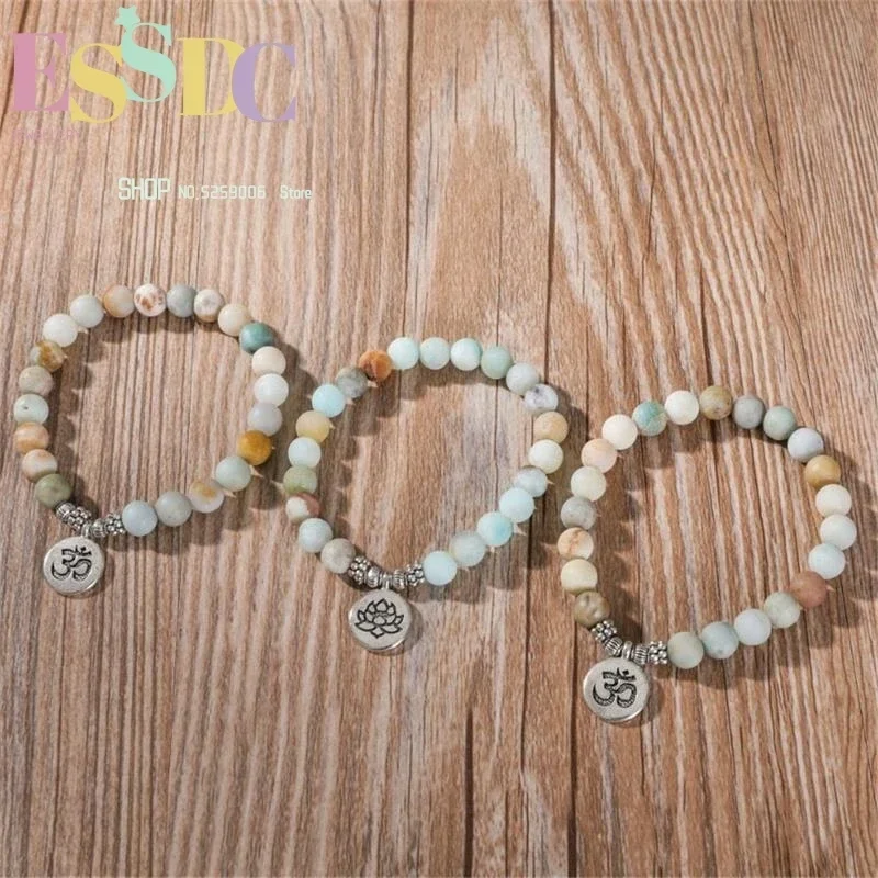 Wholesale 8mm Natural Matte Amazonite Stone 108 Mala  Yoga Lotus OM Buddha Charm Bracelet Prayer Meditation Necklace