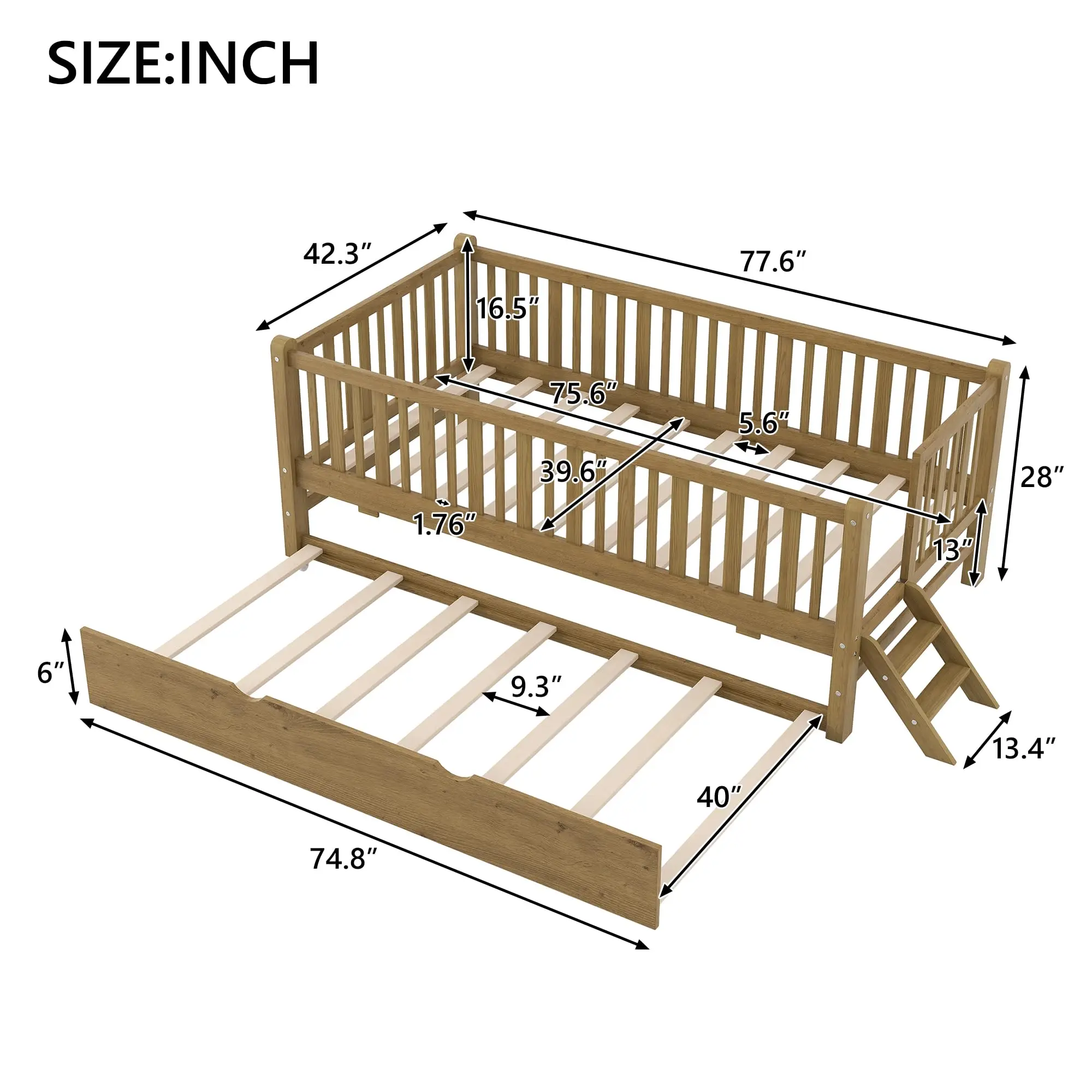 Montessori Bed with Trundle & High Rails,Twin Size Low Profile Montessori Bed Frame with Two-Step Ladder and Fence,Easy