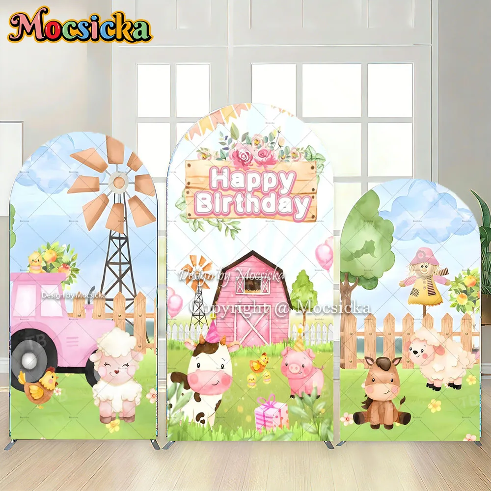 Mocsicka Happy Birthday Farm Themed Arch Backdrop Cover Pink Barn Animals Tractor Grass Background Watercolor Chiara Photobooth
