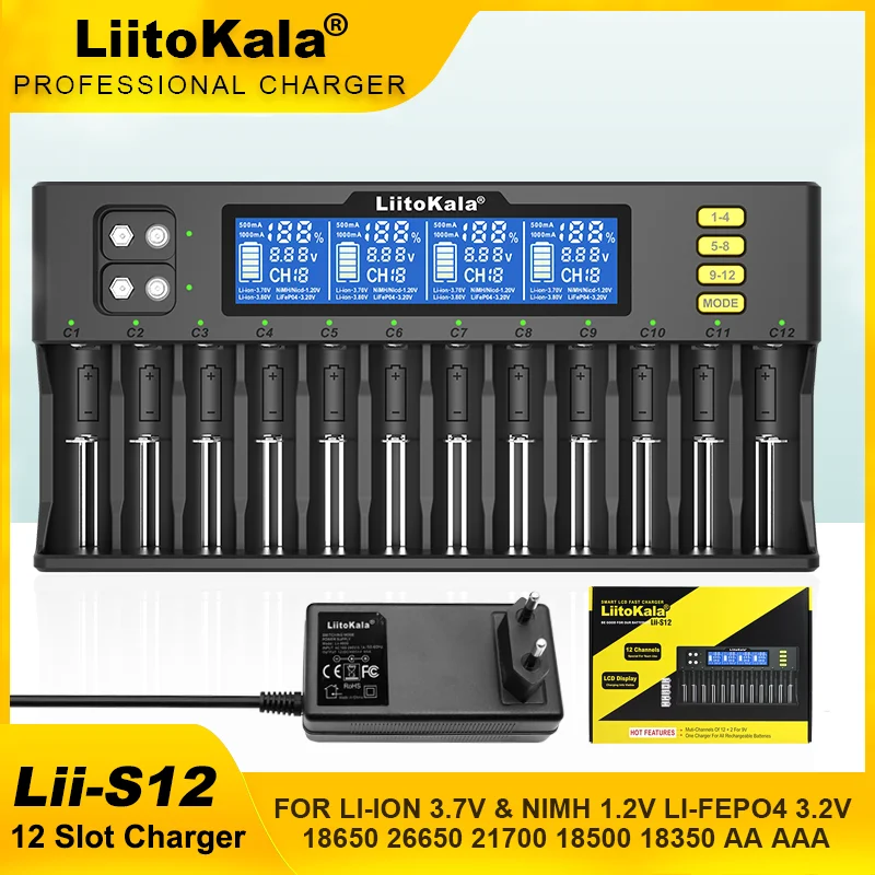 LiitoKala Lii-S12 S2 Battery Charger LCD Display 12 Trough For 1.2V 3.8V 3.2V 3.7V IMR NiMH/Cd 18650 26650 21700 26700 AA AAA 9V