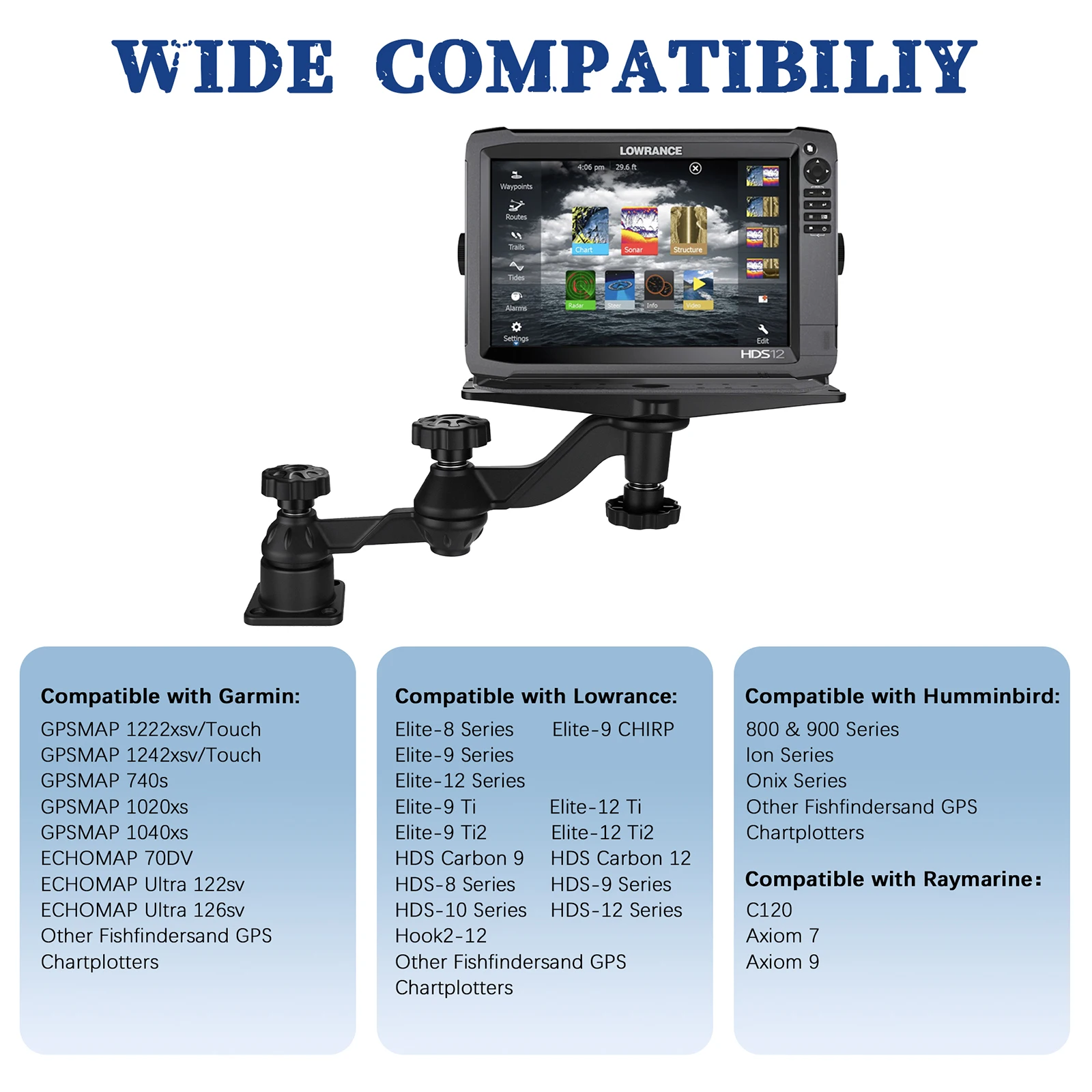 Heavy-Duty Aluminum Swing-Arm Fish Finder Mount, 360° Adjustable, Compatible with Garmin, Lowrance, Humminbird, Fits 5–12 Inch S