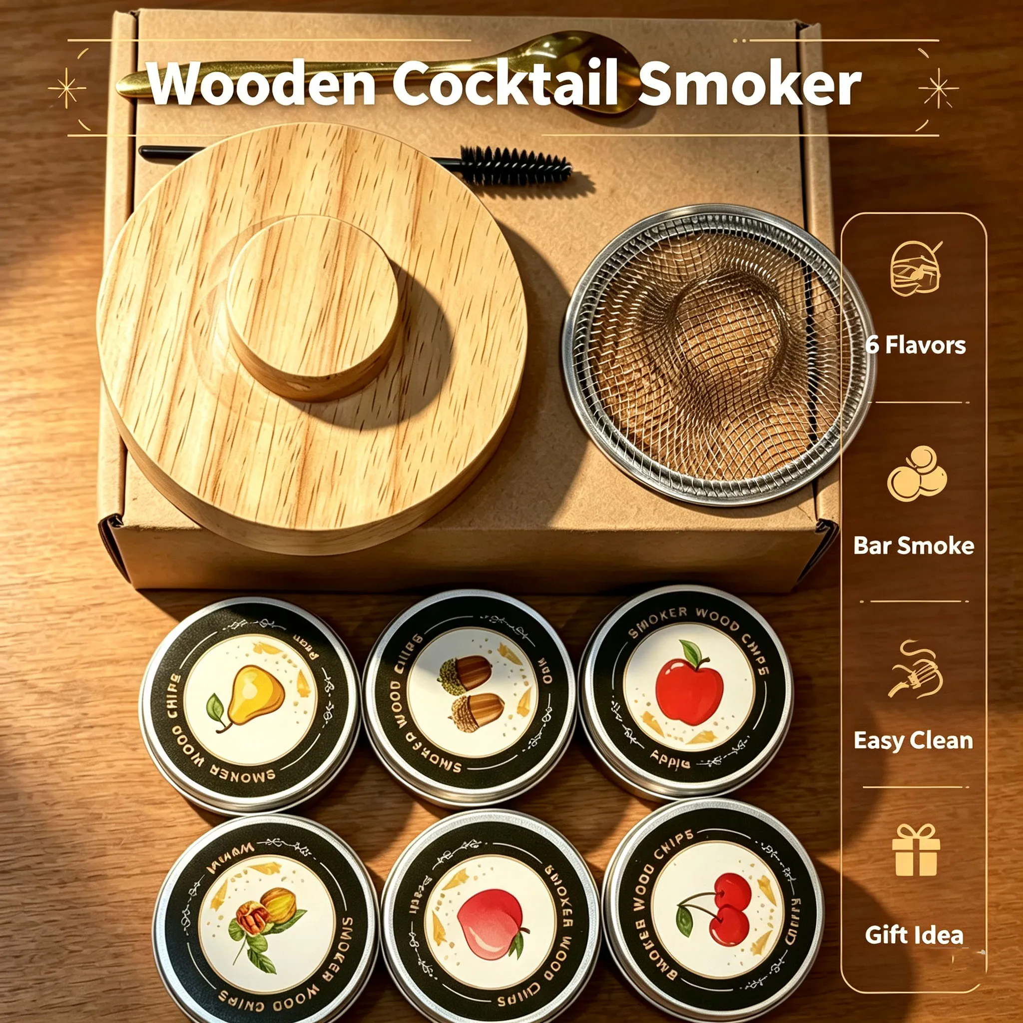 Whiskey Smoker Kit With 6 Flavors Wood Chips Old Fashioned Drink Infuser For Cocktails Birthday Bourbon Gifts Bar Kitchen Tools