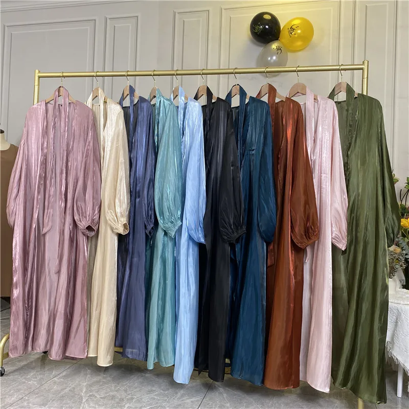 2024 New Muslim Casual Shiny Satin Cardigan Robe Coat Middle Eastern Solid Loose Sleeve Robe Clothing