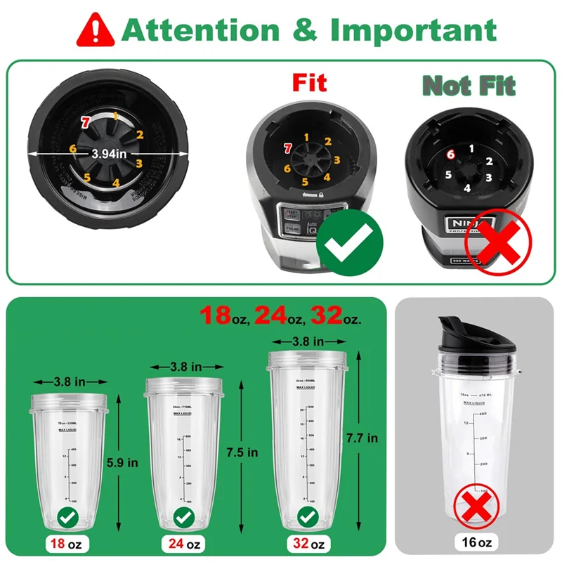 قطع غيار خلاط AC23 لـ Ninja Auto IQ، أكواب خلاط Ninja 24Oz + 32Oz مع مجموعة أغطية للذهاب، شفرة مستخرج الزعانف #2