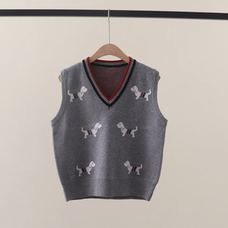 Autumn and Winter New TB Full body Dog Jacquard V-neck Contrast Sleeveless Knitted Top and Vest Versatile