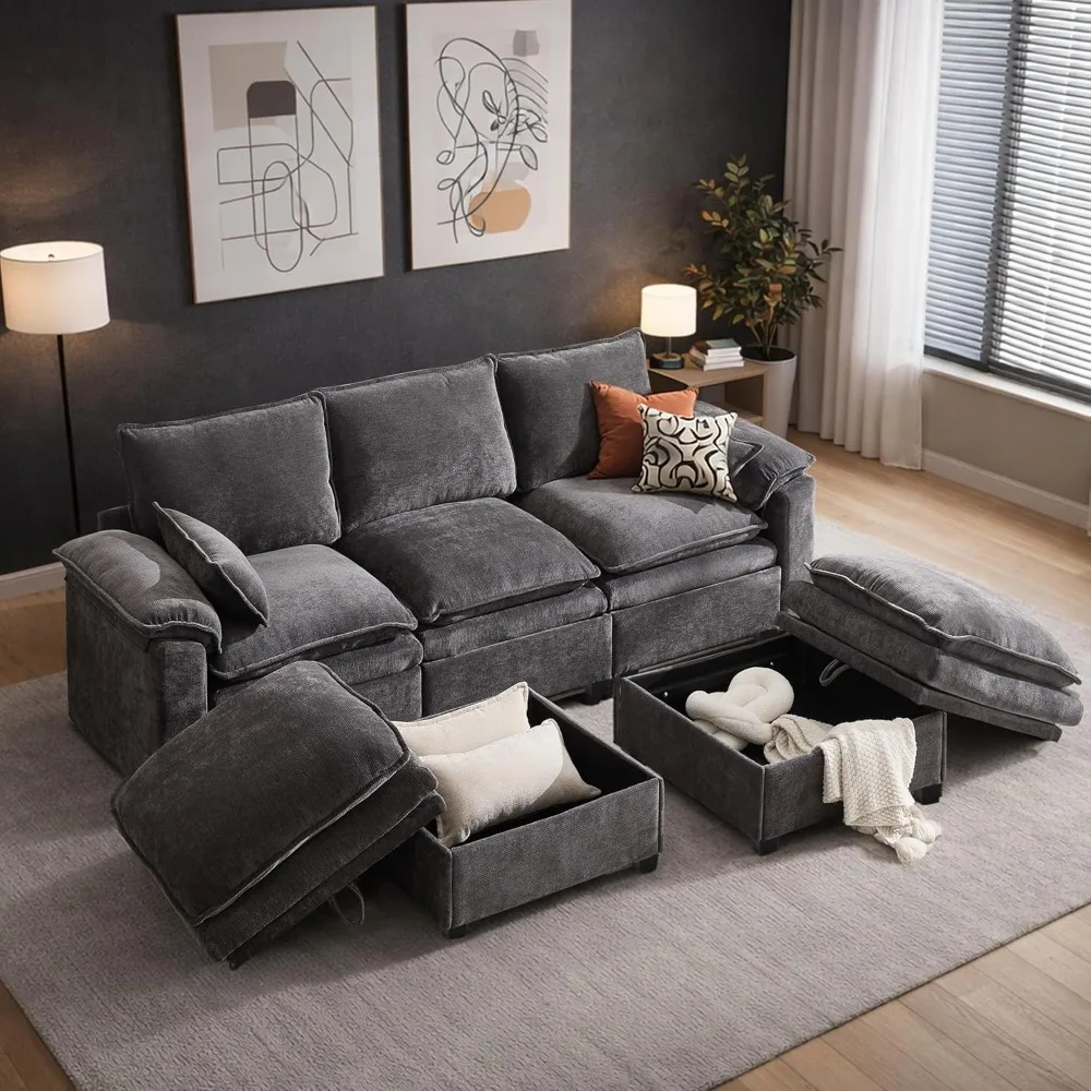 

122" Modular Sectional Sofa with Storage, Premium Chenille Cloud Couch with Movable Ottomans, 1200lbs Heavy Duty, Customized