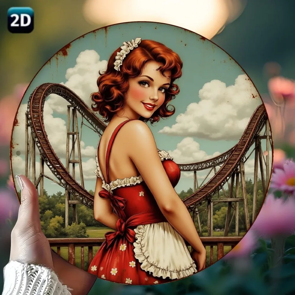 Retro 1pc Pinup Girl & Hot Rod Aluminum Wall Art - 7.79in Vintage Decor for Bedroom, Man Cave, Gift
