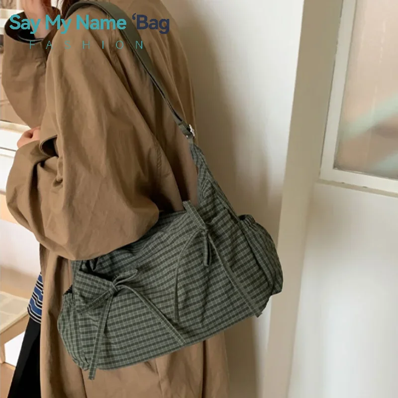 

﻿ Женская клетчатая сумка-слинг из нейлона на шнурке, вместительная модная сумка-сэтчел, сумка для покупок и свиданий, дамские сумочки и кошельки