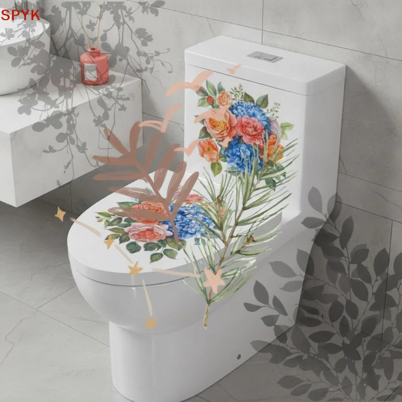 Watercolor Rose And Hydrangea Floral Toilet: Stickers Bathroom Realistic Floor Decal Waterproof