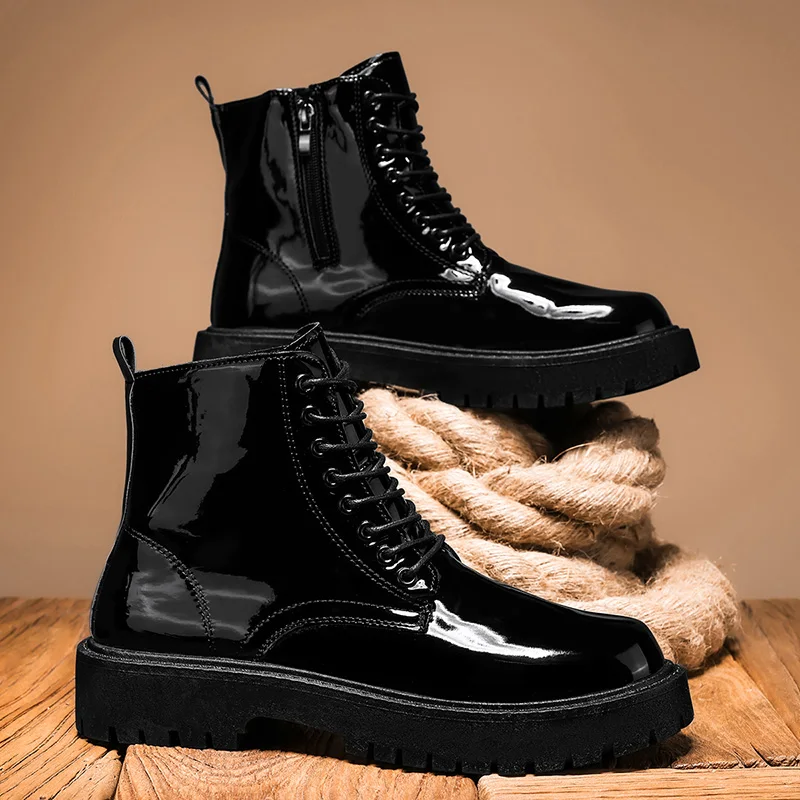 Men Glossy Patent Leather  Boots Side Zipper Lace Up Ankle Boots Chunky Lug Platform Sole Black Shiny Motorcycle Combat Boots