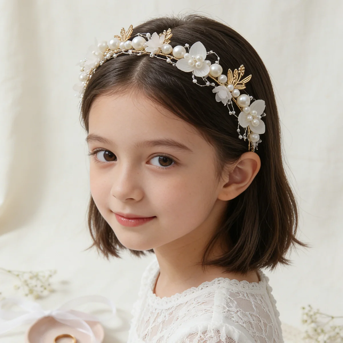 Elegant Pearls Flower Headband for Girls Kids Wedding Hair Accessories Floral Crown Tiara Birthday Party Princess Headpiece