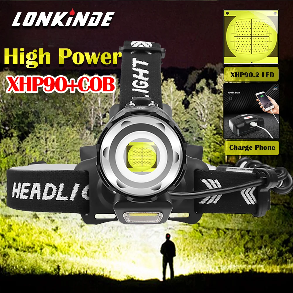 10000 LM XHP90.2 4-core Powerful Led Headlamp  Led Headlight Rechargeable USB Head Flashlight Zoomable Head Torch Camping Light